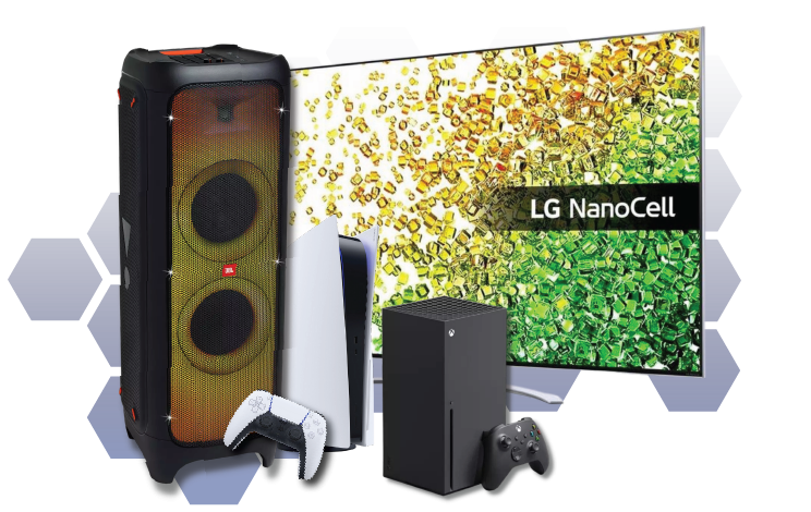 Collage of home appliances including tv, hi-fi, and games consoles