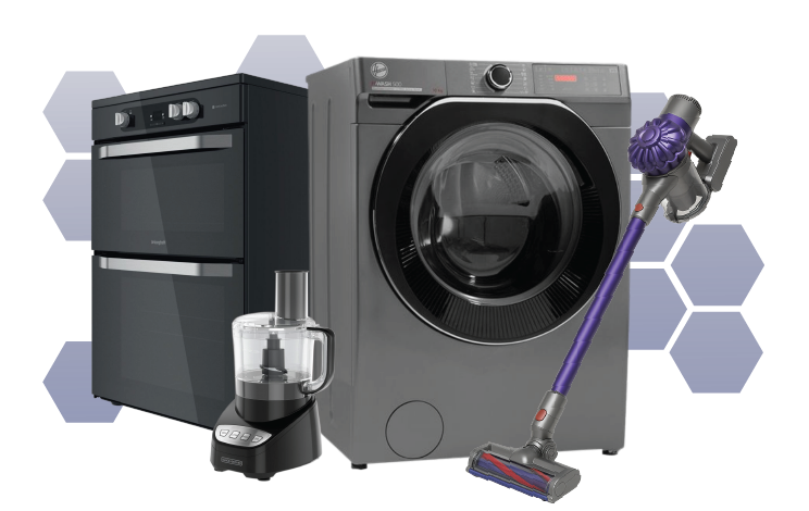 Blender, washing machine, and cooker with text: £4.75 per appliance, just £19 per month for 4 items