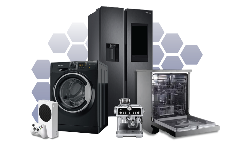 Games console, dishwasher, and other kitchen appliances with text: £4.50 per appliance, just £22.50 per month for 5 items