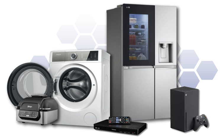 Home appliances including american fridge freezer, games console, sky box, air fryer and washing machine