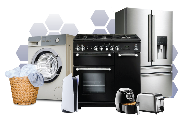 Washer Dryer, Playstaion, and other kitchen appliances with text: £4.25 per appliance, just £25.50 per month for 6 items